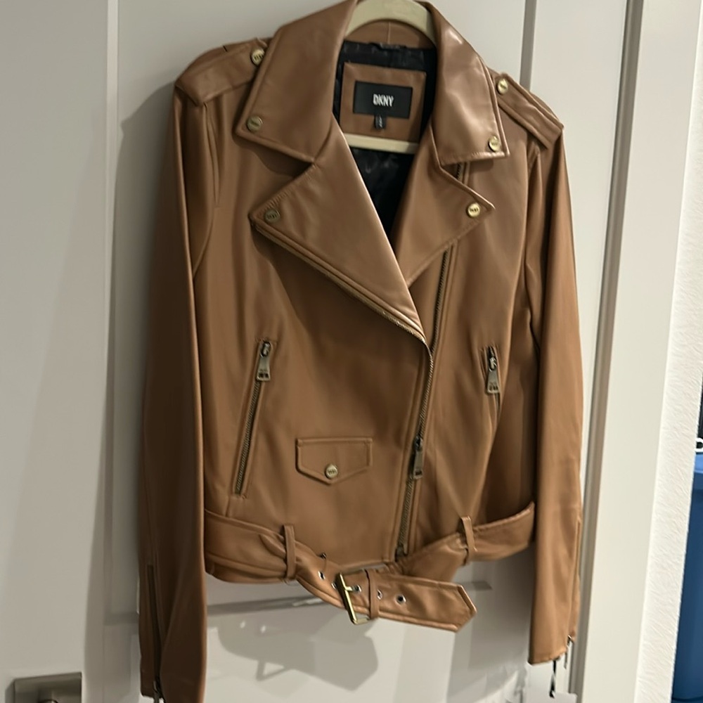 New faux leather DKNY moto jacket with DKNY logo lining